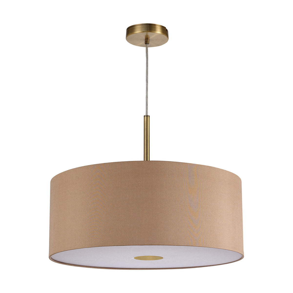 Baymont Pendant Light 50cm, a single-light drum shade in antique gold faux silk with brass suspension rod and ceiling rose, frosted acrylic diffuser beneath, shown on a plain white background.