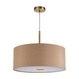 Baymont Pendant Light 50cm, a single-light drum shade in antique gold faux silk with brass suspension rod and ceiling rose, frosted acrylic diffuser beneath, shown on a plain white background.