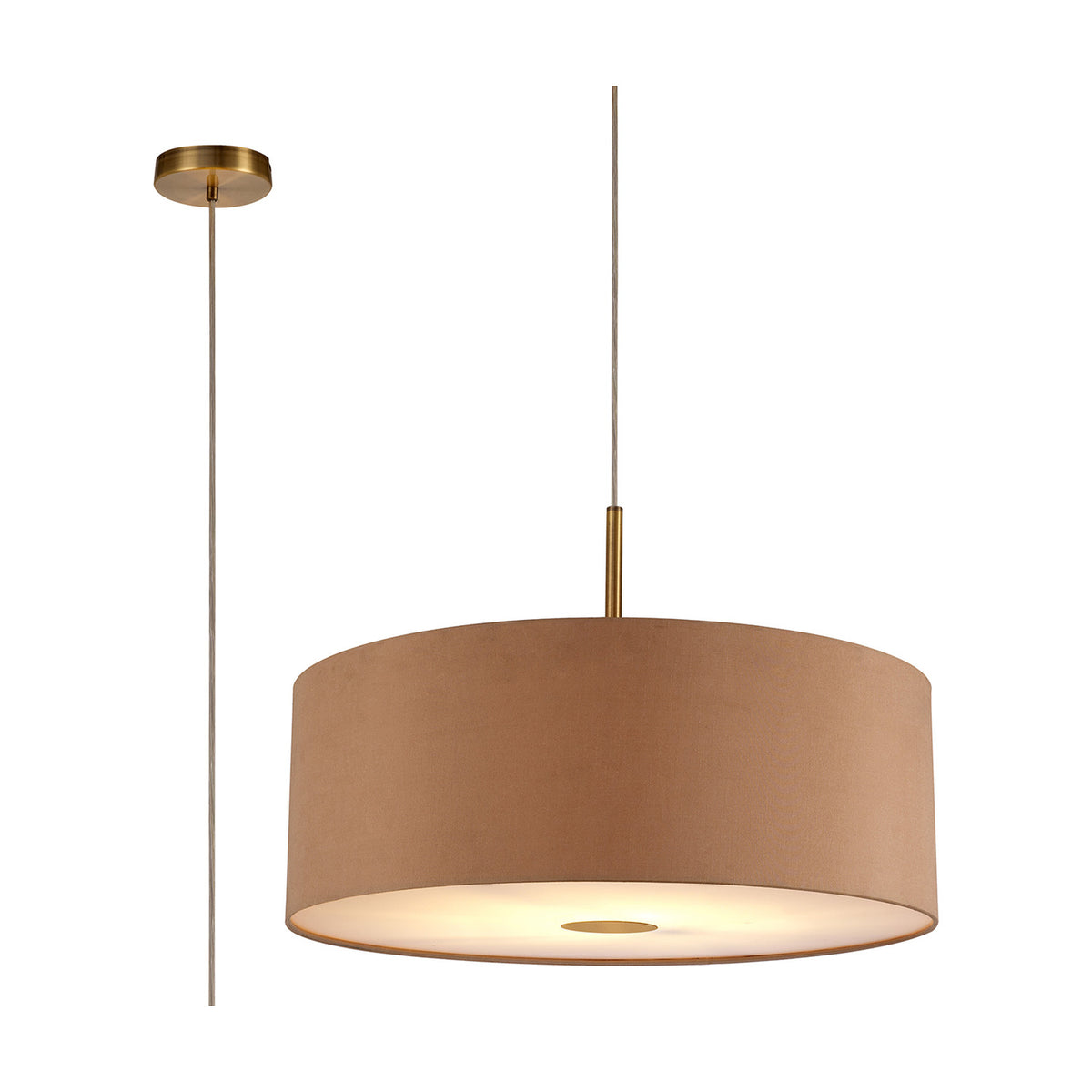 Baymont Pendant Light 60cm in antique gold, a wide drum shade with fabric exterior on an antique brass rod and ceiling rose, frosted diffuser beneath, shown with wiring diagram on a white background.