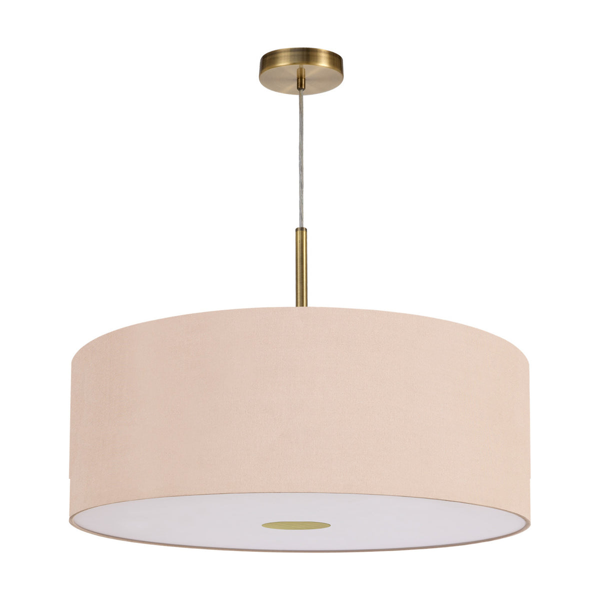 Baymont Pendant Light 60cm, a large drum-shade fabric pendant in antique gold with antique brass fittings and rod, frosted diffuser beneath, on a plain white background.