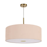 Baymont Pendant Light 60cm, a large drum-shade fabric pendant in antique gold with antique brass fittings and rod, frosted diffuser beneath, on a plain white background.