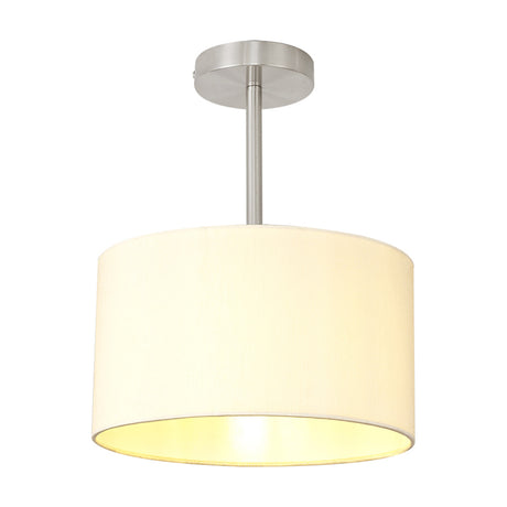 Baymont E27 semi-flush ceiling light with a 30cm ivory faux silk drum shade, satin nickel ceiling plate and stem, shown lit against a plain white background.