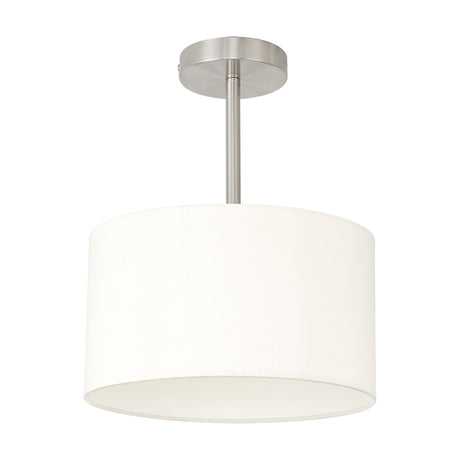 Baymont E27 semi-flush ceiling light with a 30cm ivory faux silk drum shade, satin nickel ceiling plate and stem, shown on a plain white background.