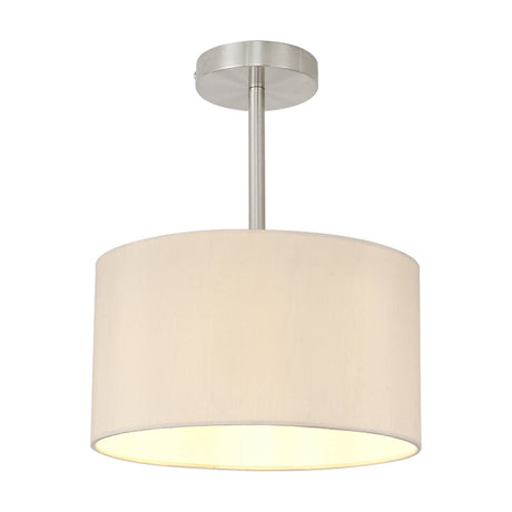 Baymont semi-flush ceiling light with a nude beige faux silk drum shade and satin nickel fitting, single E27 fitting, shown on a plain white background.