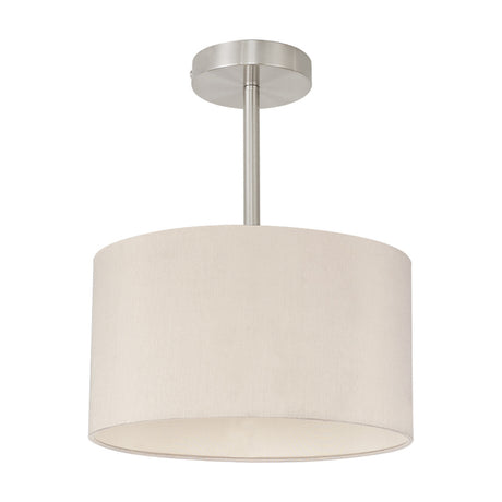 Baymont E27 semi flush ceiling light with a nude beige faux silk drum shade and satin nickel frame and rod, shown on a plain white background.