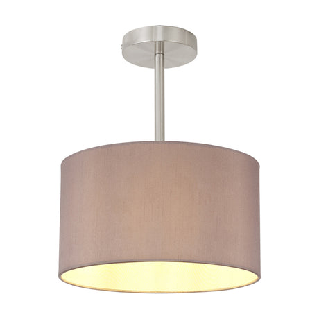 Baymont E27 semi-flush ceiling light with a 30cm drum shade in taupe fabric and golden interior, satin nickel fitting, shown on a plain white background.