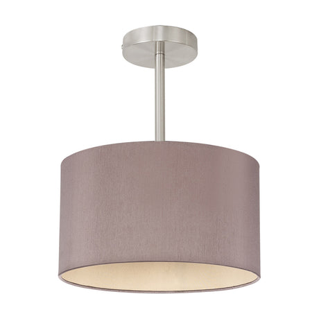 Baymont E27 semi-flush ceiling light with a taupe fabric drum shade and satin nickel fitting, shown on a short drop against a plain white background.
