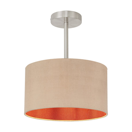 Baymont E27 semi-flush ceiling light with a beige faux silk drum shade lined in orange, on a satin nickel frame and short rod, shown on a plain white background.