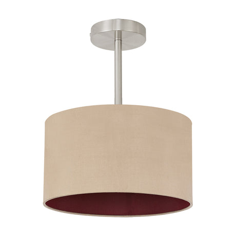 Baymont E27 semi-flush ceiling light with a drum-shaped faux silk shade in antique gold, ruby-lined interior, and satin nickel frame, shown on a white background.