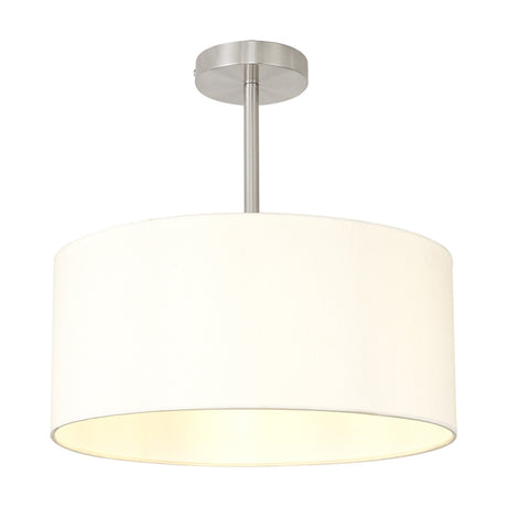 Baymont E27 semi-flush ceiling light with ivory pearl drum shade and satin nickel frame, short rod mount, single fitting, on a plain white background.