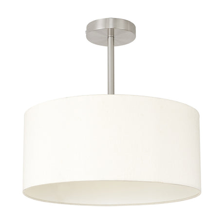 Baymont E27 semi-flush ceiling light with satin nickel stem and fitting, ivory pearl fabric drum shade, white laminate lining, shown on a plain white background.