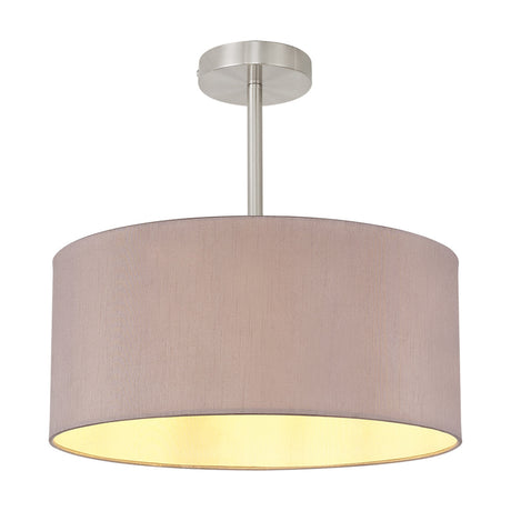 Baymont E27 semi flush ceiling light with a 40cm taupe faux silk drum shade, gold-lined interior and satin nickel fitting, shown on a plain white background.
