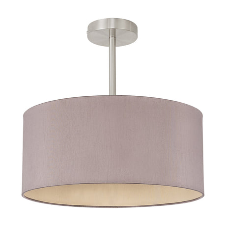 Baymont E27 semi-flush ceiling light with a 40cm taupe faux silk drum shade, gold-lined interior, and satin nickel ceiling mount, shown on a white background.