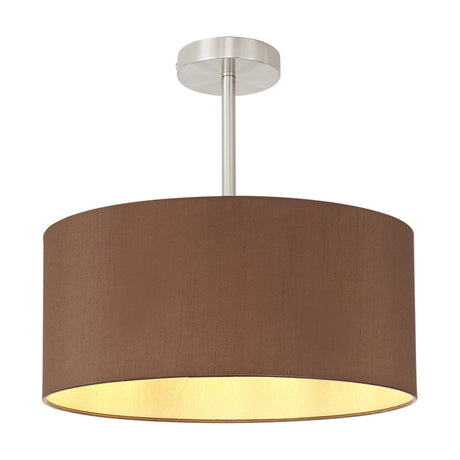 Baymont Semi Flush Ceiling Light, 40cm drum shade in raw cocoa fabric with golden interior, satin nickel ceiling plate and short stem, on a plain white background.