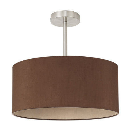 Baymont Semi Flush Ceiling Light in raw cocoa fabric drum shade, 40cm, with satin nickel ceiling plate and short stem, shown on a plain white background.