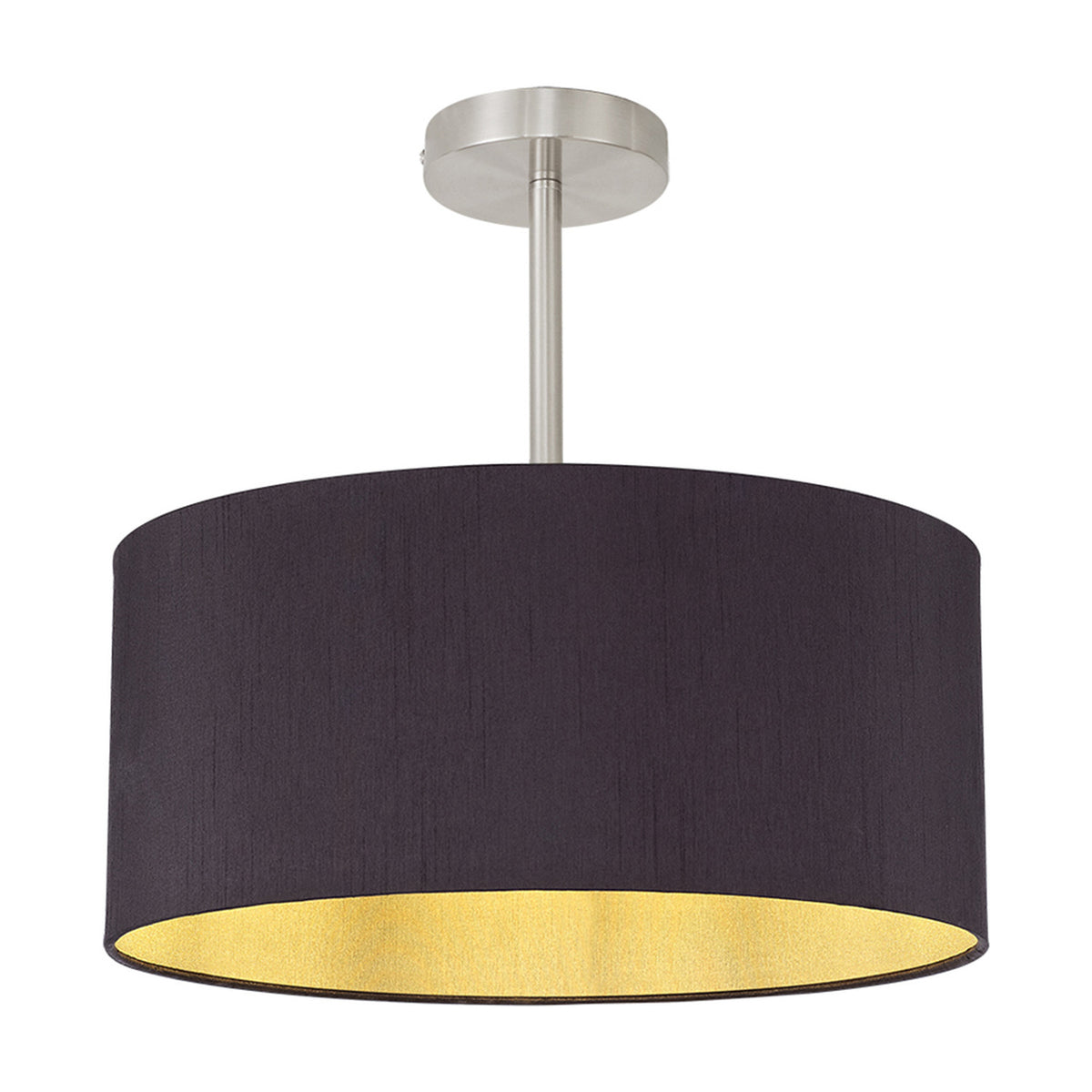 Baymont E27 semi-flush ceiling light with a 40cm black fabric drum shade and gold-tone interior, satin nickel ceiling mount and rod, shown against a plain white background.