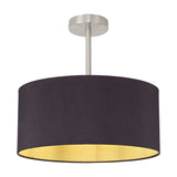 Baymont E27 semi-flush ceiling light with a 40cm black fabric drum shade and gold-tone interior, satin nickel ceiling mount and rod, shown against a plain white background.