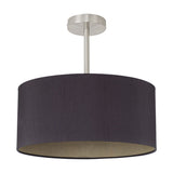 Baymont E27 semi flush ceiling light with a 40cm black fabric drum shade and satin nickel ceiling mount, shown on a plain white background.