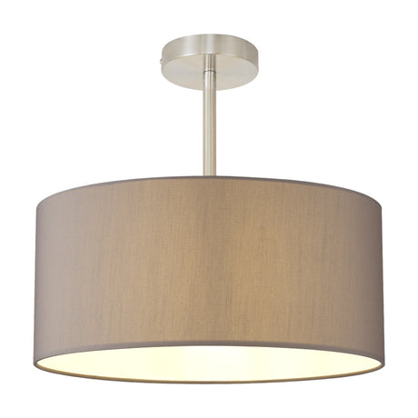 Baymont Semi Flush Ceiling Light, a 40cm grey fabric drum shade with white lining on a satin nickel ceiling cup and short centre pole, shown on a plain white background.