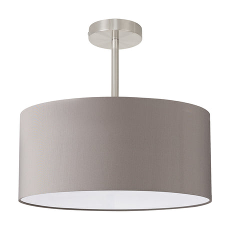 Baymont Semi Flush Ceiling Light 40cm, a grey fabric drum shade with white lining on a satin nickel ceiling mount, shown on a plain white background.