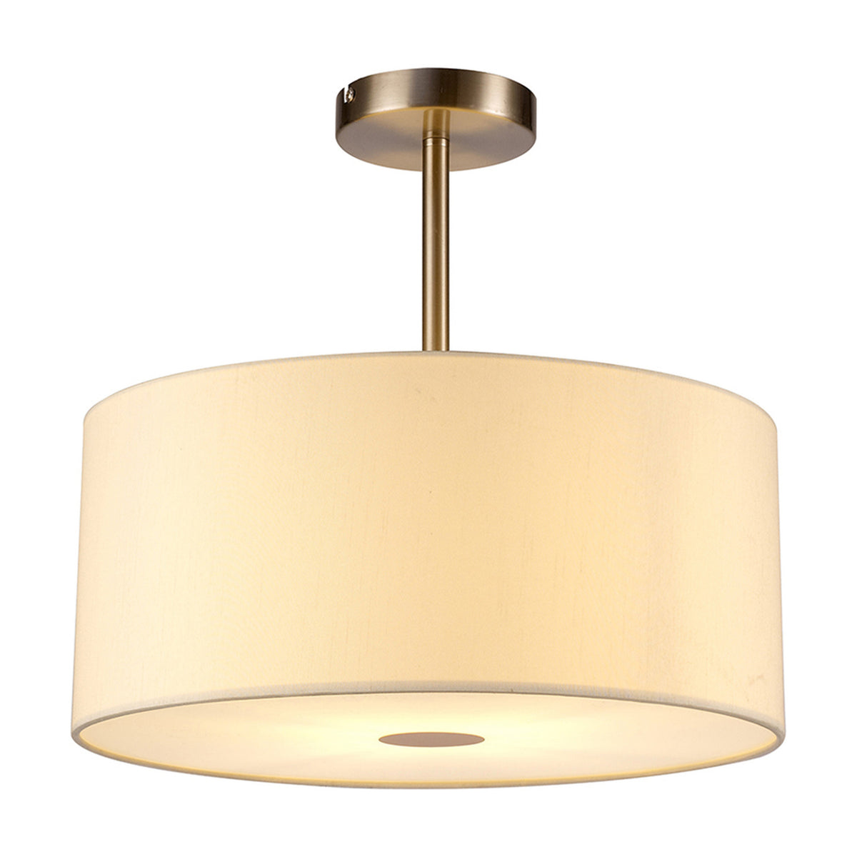 Baymont semi-flush ceiling light with a 40cm ivory pearl drum shade, satin nickel fittings, and a frosted acrylic diffuser, shown on a plain white background.
