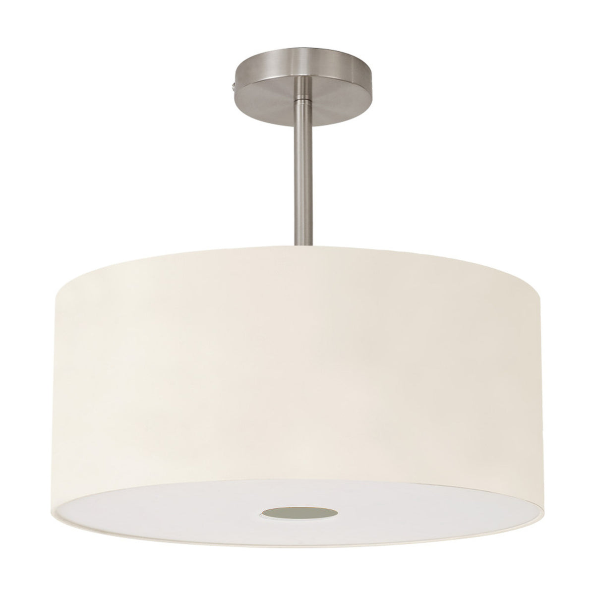 Baymont semi-flush ceiling light with 40cm ivory pearl drum shade, white lining and frosted acrylic diffuser, satin nickel fittings, on a plain white background.