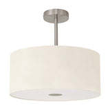 Baymont semi-flush ceiling light with 40cm ivory pearl drum shade, white lining and frosted acrylic diffuser, satin nickel fittings, on a plain white background.