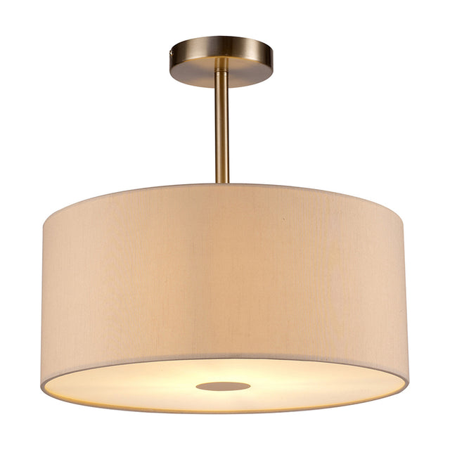 Baymont E27 semi-flush ceiling light with 40cm nude beige drum shade, satin nickel fitting and frosted acrylic diffuser, shown on a plain white background.