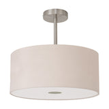 Baymont E27 semi-flush ceiling light with a 40cm nude beige drum shade, satin nickel fitting and stem, frosted acrylic diffuser base, shown on a plain white background.