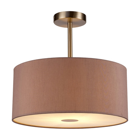 Baymont E27 semi-flush ceiling light with a 40cm taupe faux silk drum shade, satin nickel fitting and short rod, frosted diffuser underneath, shown on a plain white background.