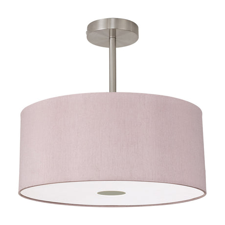 Baymont E27 semi-flush ceiling light with a 40cm taupe drum shade, satin nickel fittings and frosted diffuser base, shown on a plain white background.