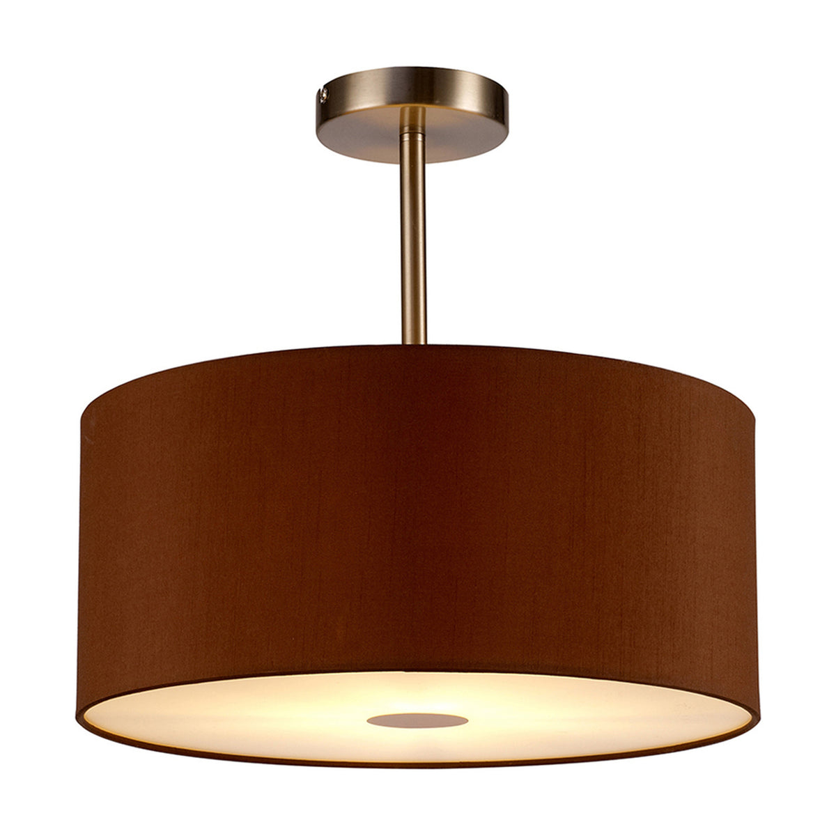 Baymont semi-flush ceiling light with 40cm raw cocoa faux silk drum shade, frosted acrylic diffuser, and satin nickel fittings on a plain white background.