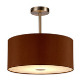 Baymont semi-flush ceiling light with 40cm raw cocoa faux silk drum shade, frosted acrylic diffuser, and satin nickel fittings on a plain white background.