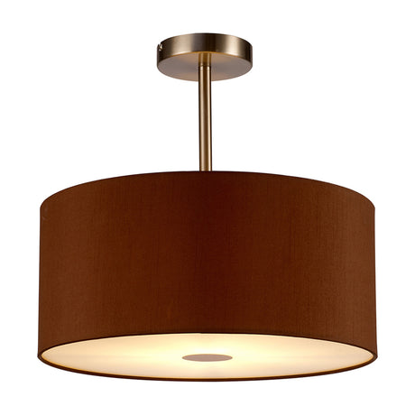 Baymont semi-flush ceiling light with 40cm raw cocoa faux silk drum shade, frosted acrylic diffuser, and satin nickel fittings on a plain white background.