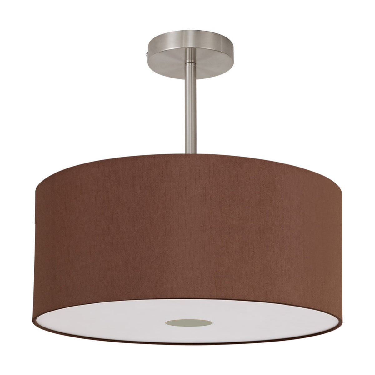 Baymont semi-flush ceiling light with a 40cm raw cocoa drum shade, frosted acrylic diffuser, and satin nickel ceiling mount, shown on a plain white background.
