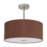 Baymont semi-flush ceiling light with a 40cm raw cocoa drum shade, frosted acrylic diffuser, and satin nickel ceiling mount, shown on a plain white background.