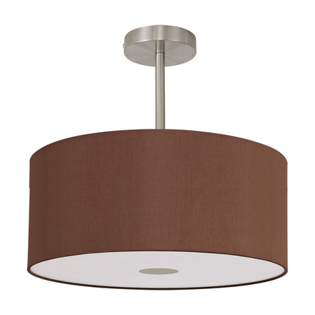 Baymont semi-flush ceiling light with a 40cm raw cocoa drum shade, frosted acrylic diffuser, and satin nickel ceiling mount, shown on a plain white background.