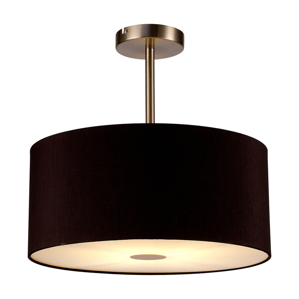 Baymont E27 semi-flush ceiling light with a 40cm black faux silk drum shade, satin nickel ceiling plate and rod, and frosted acrylic diffuser base, shown on a plain white background.