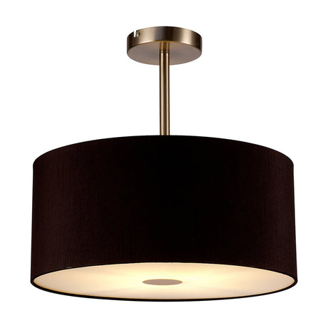 Baymont E27 semi-flush ceiling light with a 40cm black faux silk drum shade, satin nickel ceiling plate and rod, and frosted acrylic diffuser base, shown on a plain white background.
