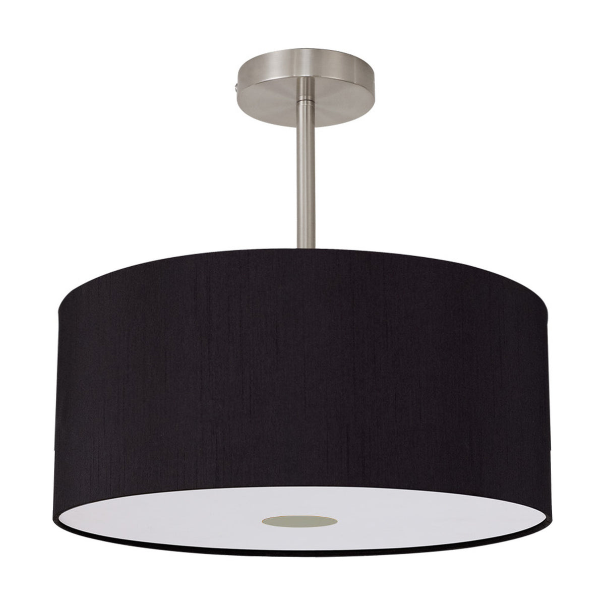 Baymont E27 semi-flush ceiling light with a 40cm black faux silk drum shade, satin nickel ceiling plate and stem, and frosted acrylic diffuser base, shown on a plain white background.