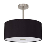 Baymont E27 semi-flush ceiling light with a 40cm black faux silk drum shade, satin nickel ceiling plate and stem, and frosted acrylic diffuser base, shown on a plain white background.