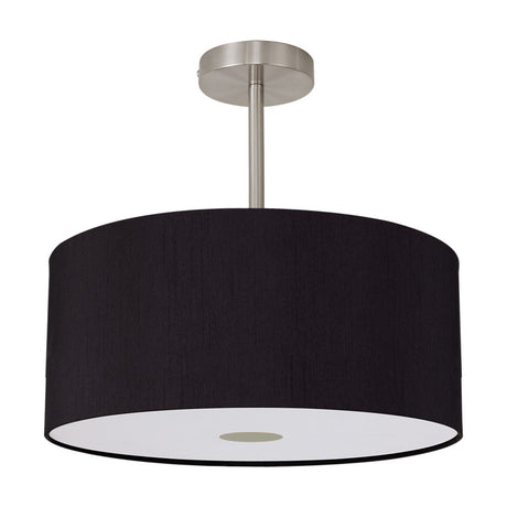 Baymont E27 semi-flush ceiling light with a 40cm black faux silk drum shade, satin nickel ceiling plate and stem, and frosted acrylic diffuser base, shown on a plain white background.
