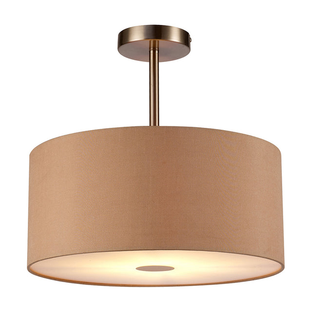 Baymont semi-flush ceiling light with a 40cm drum-shaped antique gold fabric shade, satin nickel frame, and frosted acrylic diffuser, shown on a plain white background.
