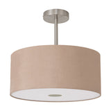 Baymont E27 semi-flush ceiling light with a 40cm drum shade in antique gold fabric, satin nickel frame, and frosted acrylic diffuser, shown on a plain white background.