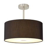 Baymont semi-flush ceiling light with a 40cm black cylinder drum shade, satin nickel centre pole, and frosted diffuser underside, shown on a plain white background.