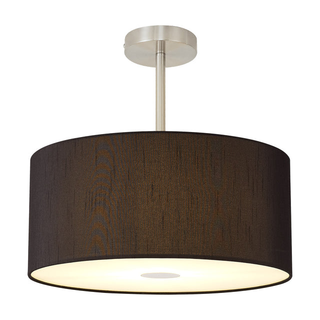 Baymont semi-flush ceiling light with a 40cm black cylinder drum shade, satin nickel centre pole, and frosted diffuser underside, shown on a plain white background.