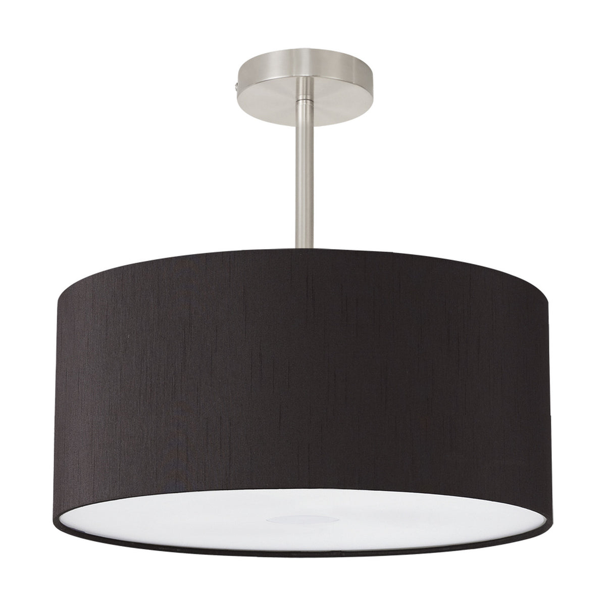 Baymont semi-flush ceiling light with a 40cm black cylinder shade, white diffuser underside, and satin nickel centre pole, shown on a plain white background.
