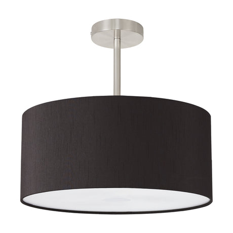 Baymont semi-flush ceiling light with a 40cm black cylinder shade, white diffuser underside, and satin nickel centre pole, shown on a plain white background.