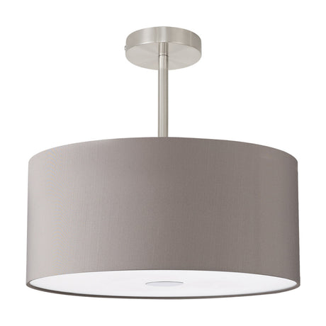 Baymont Semi Flush Ceiling Light with a grey drum fabric shade, white frosted diffuser and satin nickel ceiling plate and pole, shown on a plain white background.