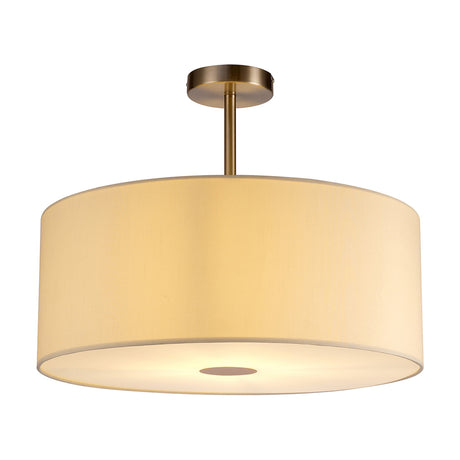 Baymont semi-flush ceiling light with a 50cm ivory faux silk drum shade, satin nickel fittings, and a frosted diffuser base, shown on a white background.
